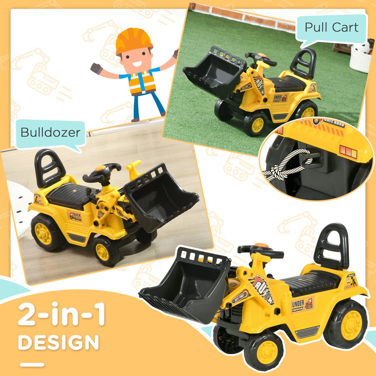 Ride-On Toy Bulldozer with Working Shovel and Storage - Yellow-Toys & Games > Baby & Toddler Toys > Riding & Rocking Toys > Toy Excavators-DECOROLALA