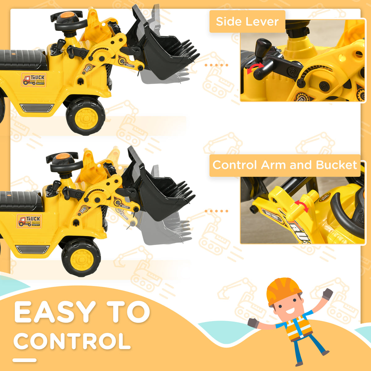 Ride-On Toy Bulldozer with Working Shovel and Storage - Yellow-Toys & Games > Baby & Toddler Toys > Riding & Rocking Toys > Toy Excavators-DECOROLALA