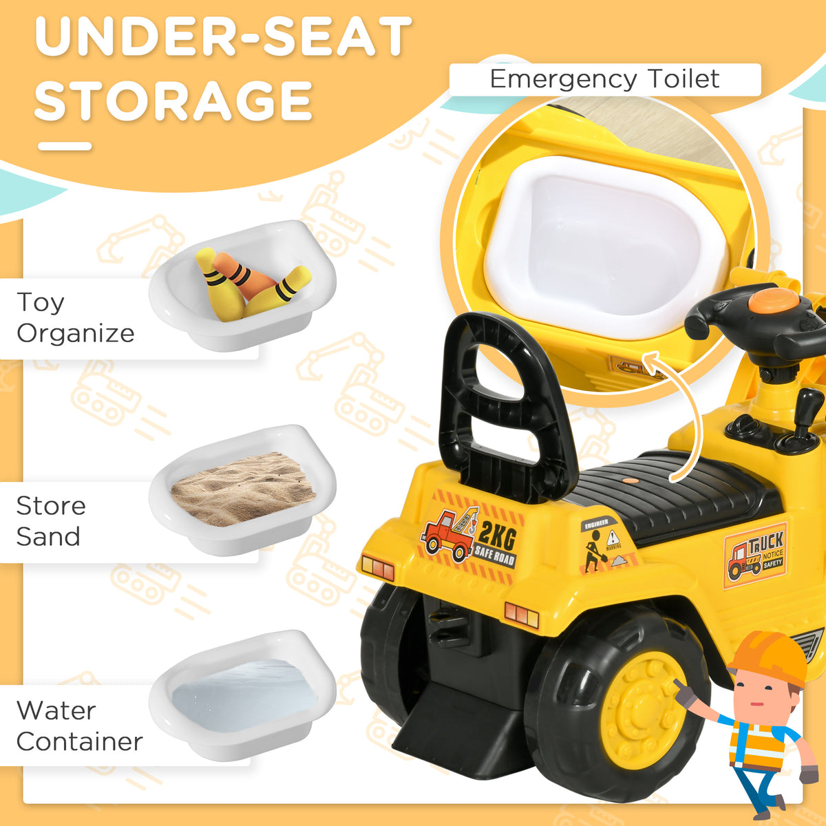 Ride-On Toy Bulldozer with Working Shovel and Storage - Yellow-Toys & Games > Baby & Toddler Toys > Riding & Rocking Toys > Toy Excavators-DECOROLALA