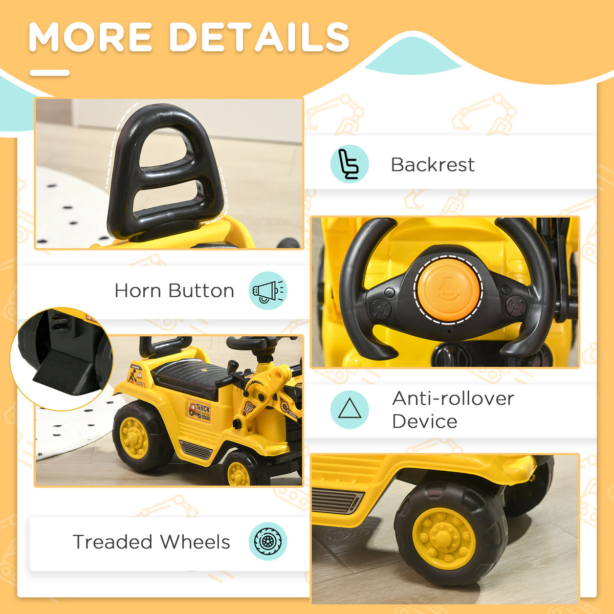 Ride-On Toy Bulldozer with Working Shovel and Storage - Yellow-Toys & Games > Baby & Toddler Toys > Riding & Rocking Toys > Toy Excavators-DECOROLALA