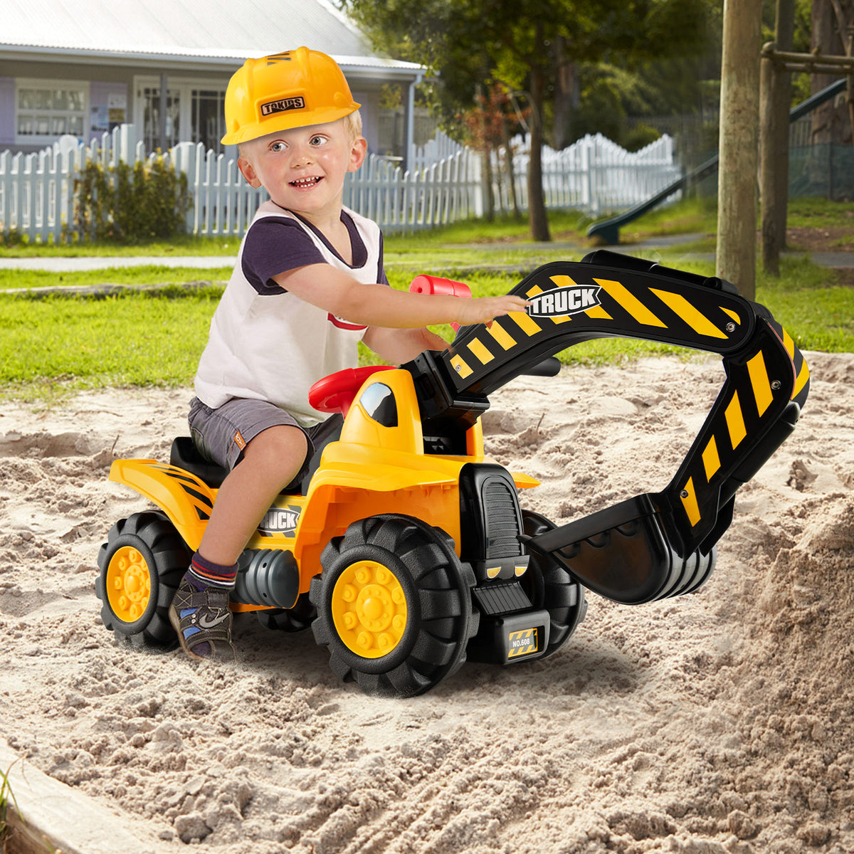 Jouet bulldozer-pelleteuse à pousser ou à chevaucher avec casque de sécurité et pelle fonctionnelle