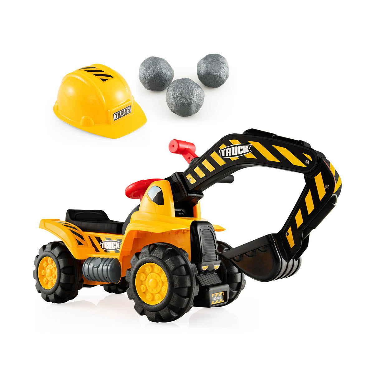 Jouet bulldozer-pelleteuse à pousser ou à chevaucher avec casque de sécurité et pelle fonctionnelle