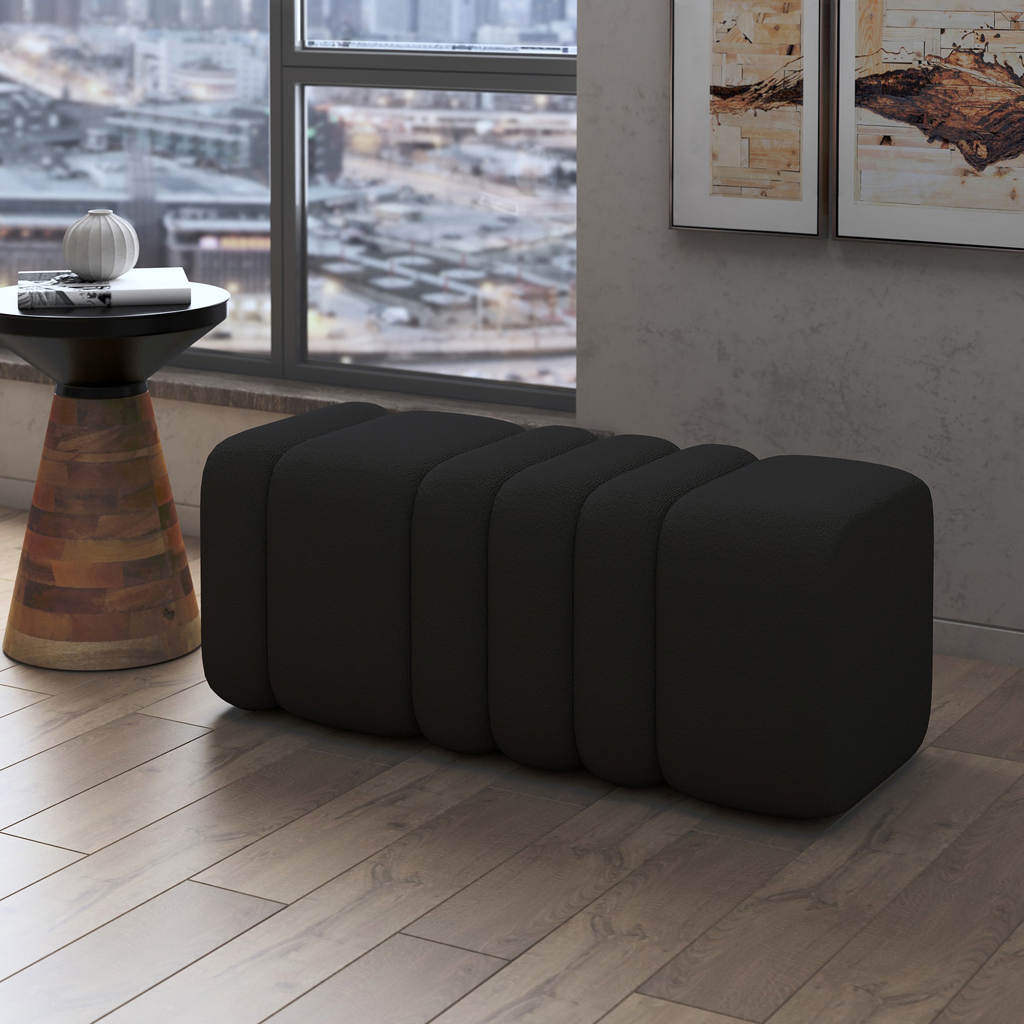 Rigel Large Ottoman - Black Textured Boucle Fabric Bench-DECOROLALA