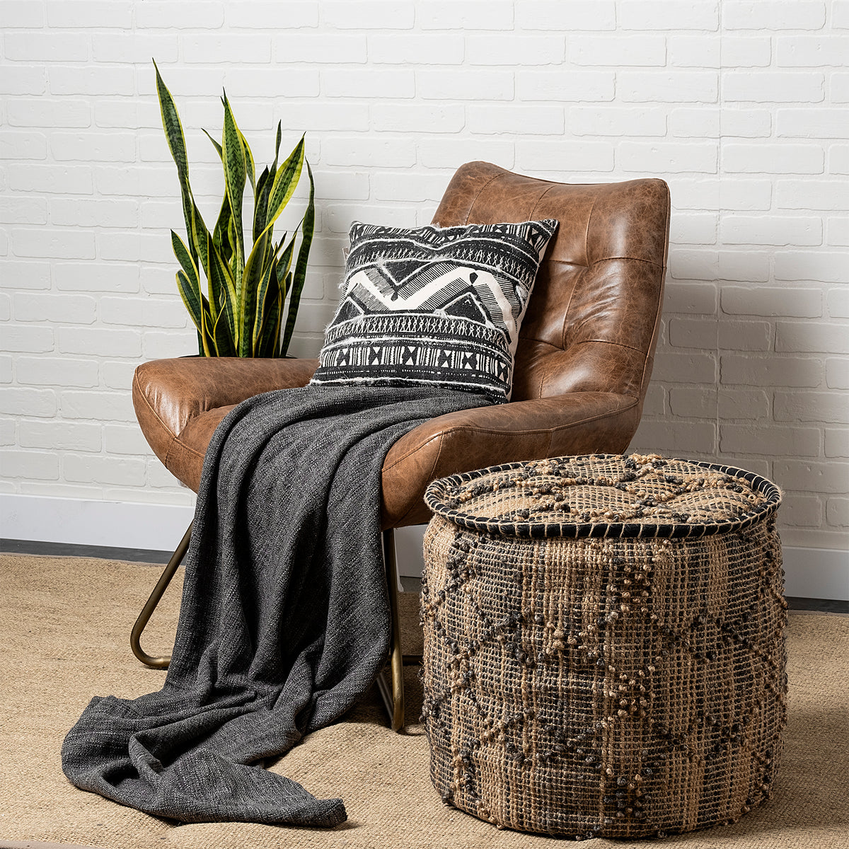 Riley Tan Jute Popcorn Stich Cylindrical Pouf-Poufs-DECOROLALA