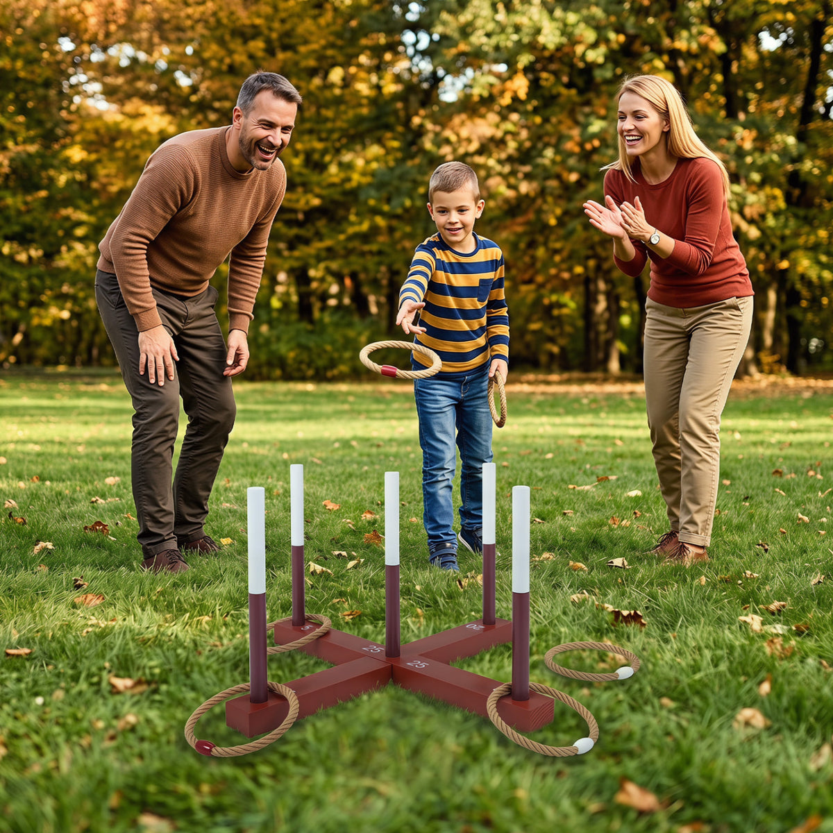 Jeu de lancer d’anneaux pour enfants et adultes avec 6 anneaux en corde et sac de rangement-marron