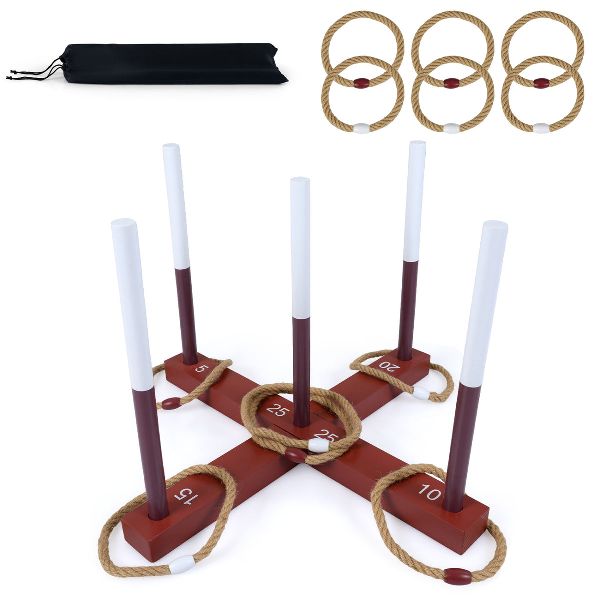 Jeu de lancer d’anneaux pour enfants et adultes avec 6 anneaux en corde et sac de rangement-marron