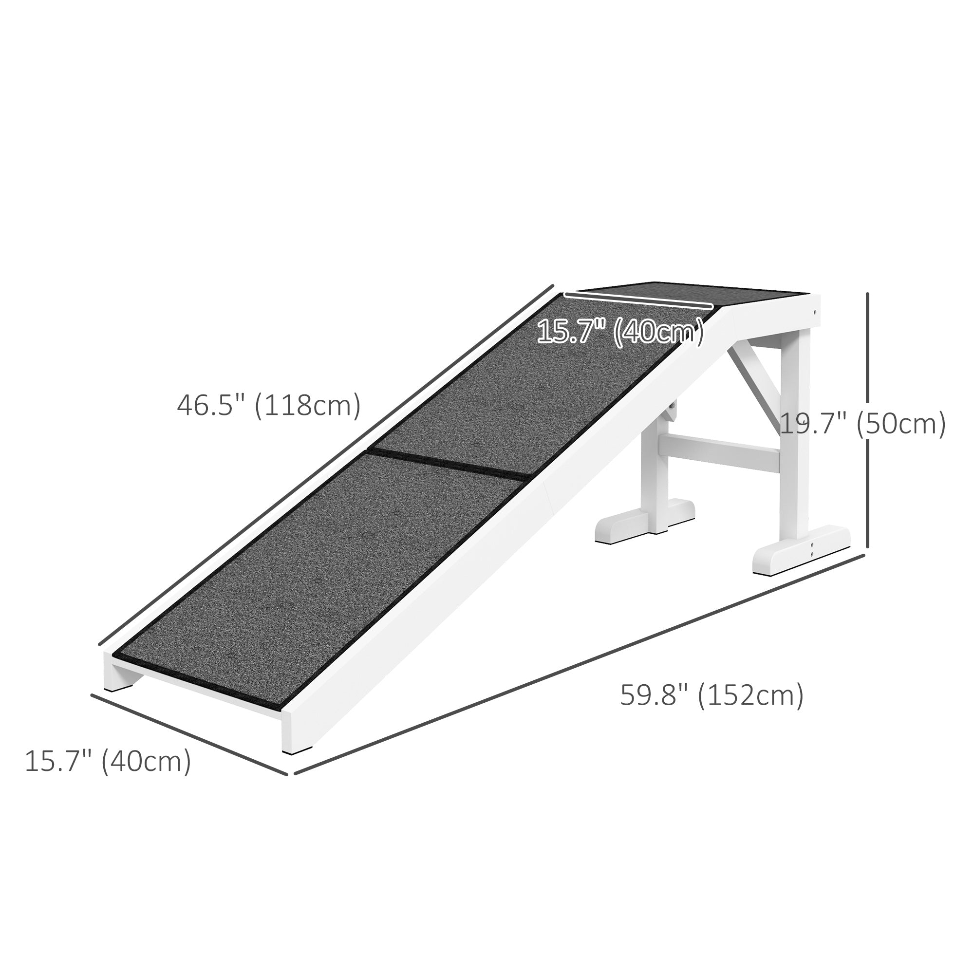 Rampe-lit avec marches pour chiens et chats, plateforme supérieure en moquette antidérapante, bois de pin, 59"L x 16"W x 20"H, blanc