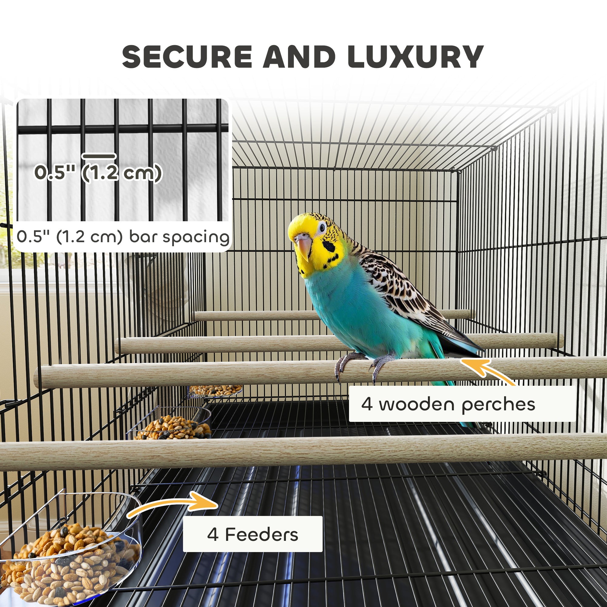46" H Bird Cage, Large Parakeet Cage for Budgie, Lovebird, Canary, Finches with Divider, Black