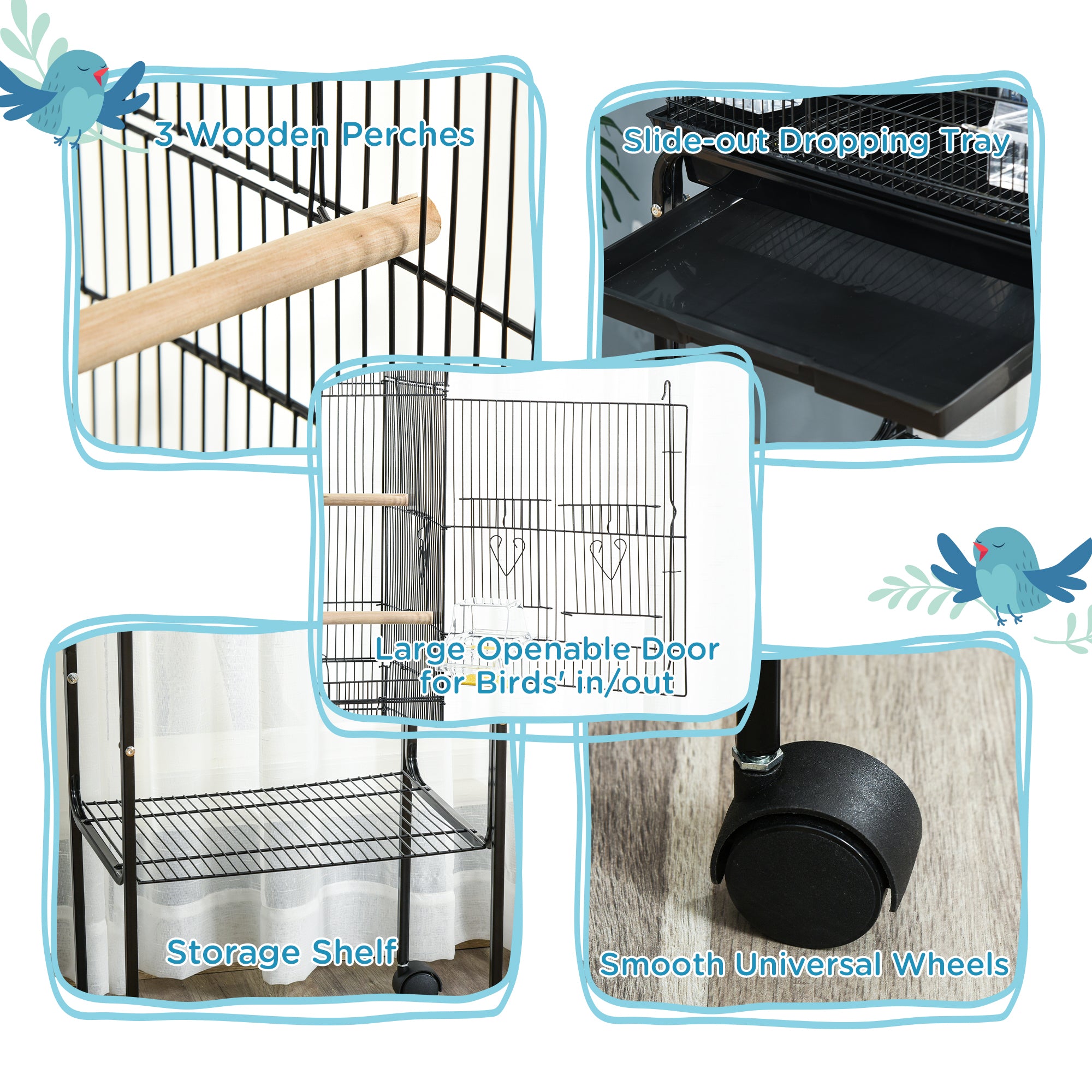 49" Rolling Bird Cage Cockatoo House Play Top Finch Pet Supply with Storage Shelf, Wheels - Black