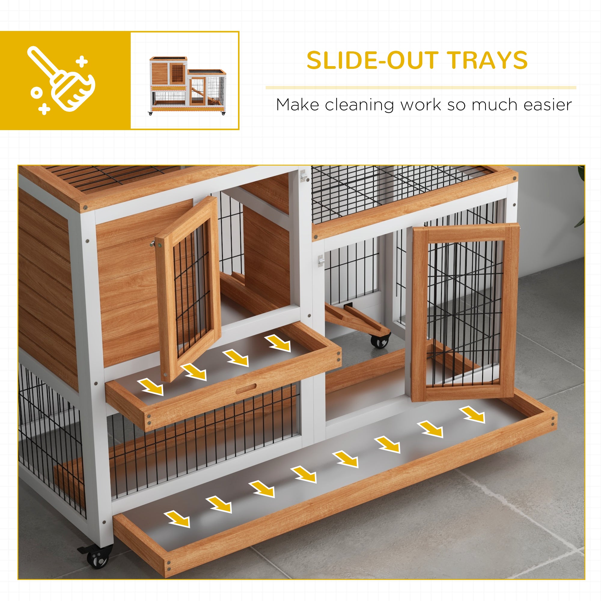 Wooden Rabbit Hutch, Indoor Bunny Cage with Wheels, Pull Out Trays, Run, Yellow