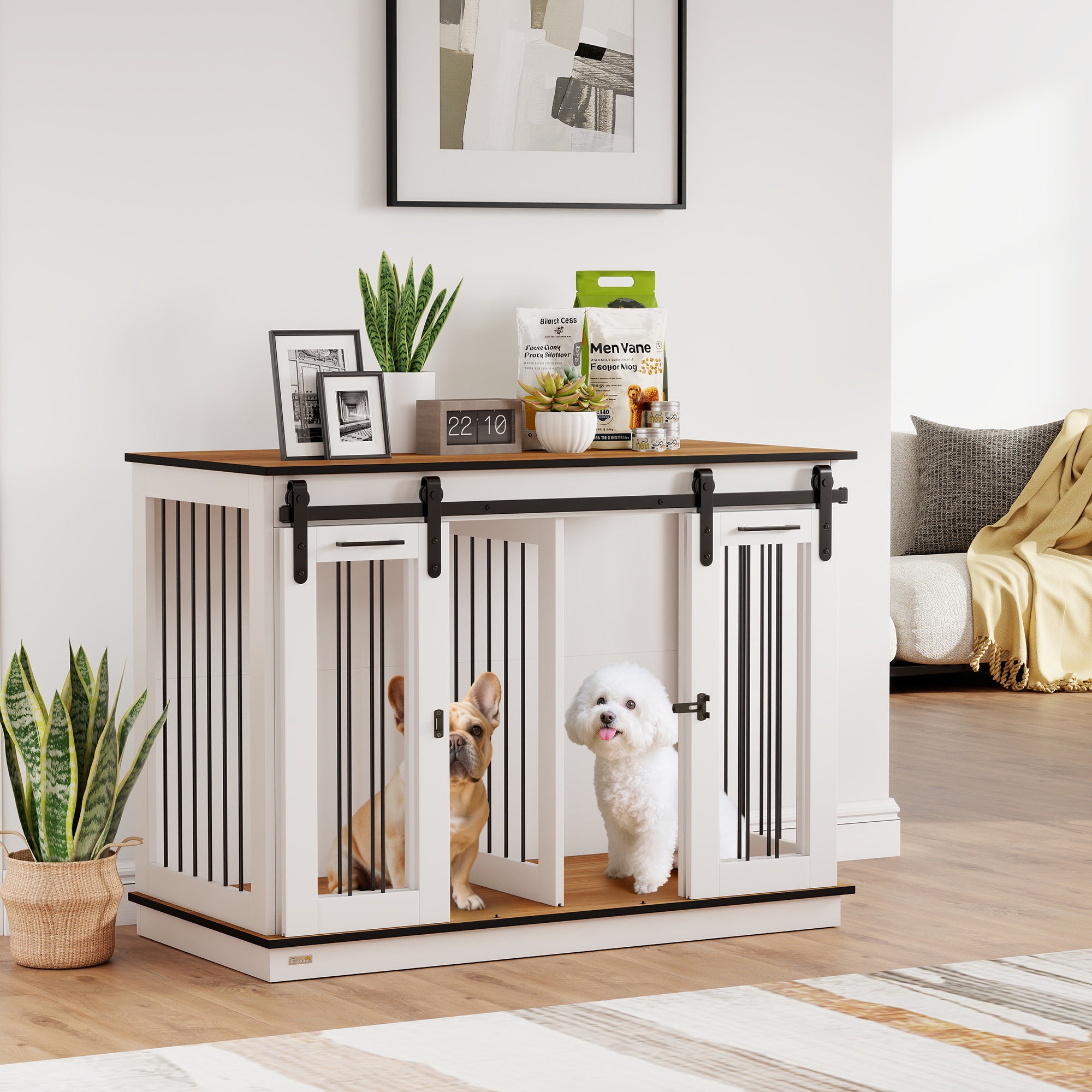 47in Dog Crate Furniture with Divider Panel, Wooden Dog Kennel TV Stand for Large Breeds, Pet House Side Table for 2 Small Breeds with 2 Rooms Design, 2 Sliding Doors, White