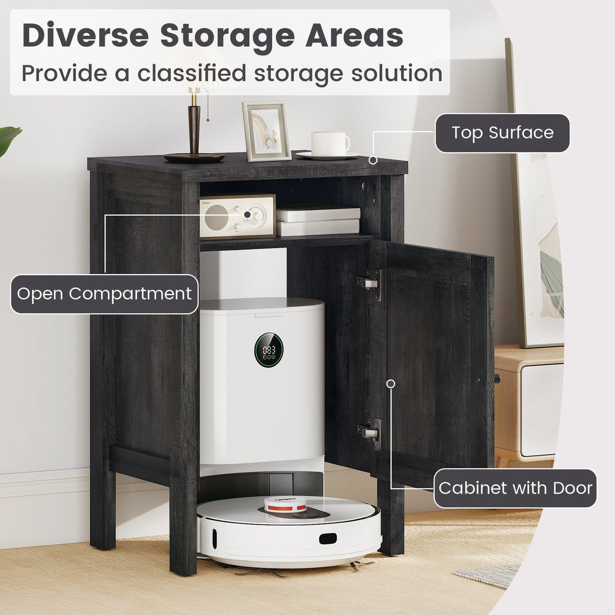 Robot Vacuum Storage Cabinet with Door and Open Shelf for Living Room Bedroom-Gray-Storage Cabinets & Chests-DECOROLALA