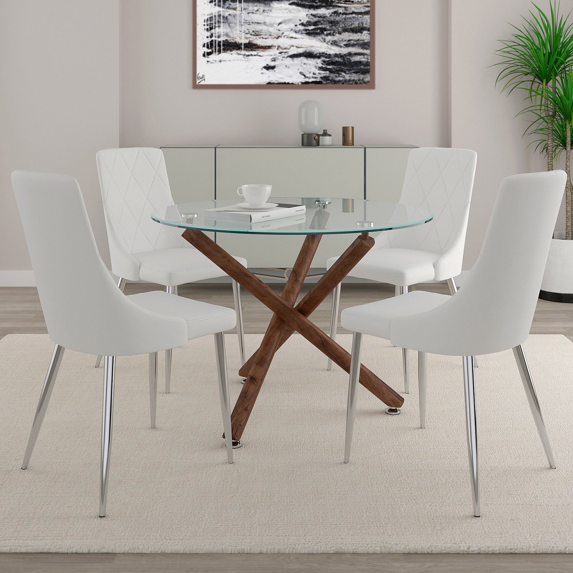 Rocca Devo 5-Piece Dining Set - Glass Top Walnut Finish Legs-DECOROLALA