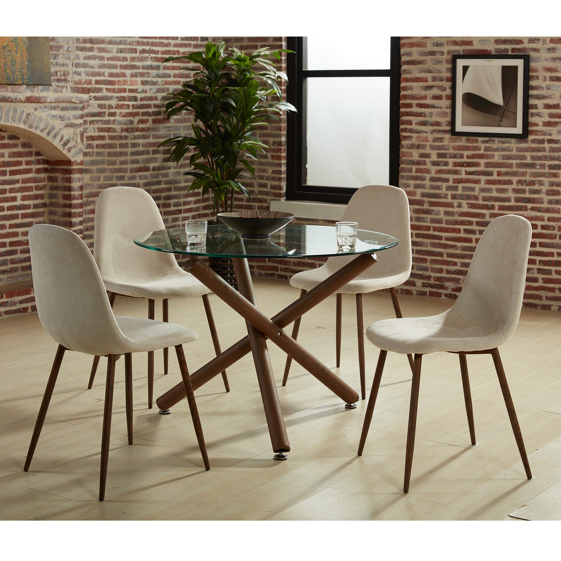 Rocca Lyna 5-Piece Dining Set - Glass Top Walnut Finish Metal Legs-DECOROLALA