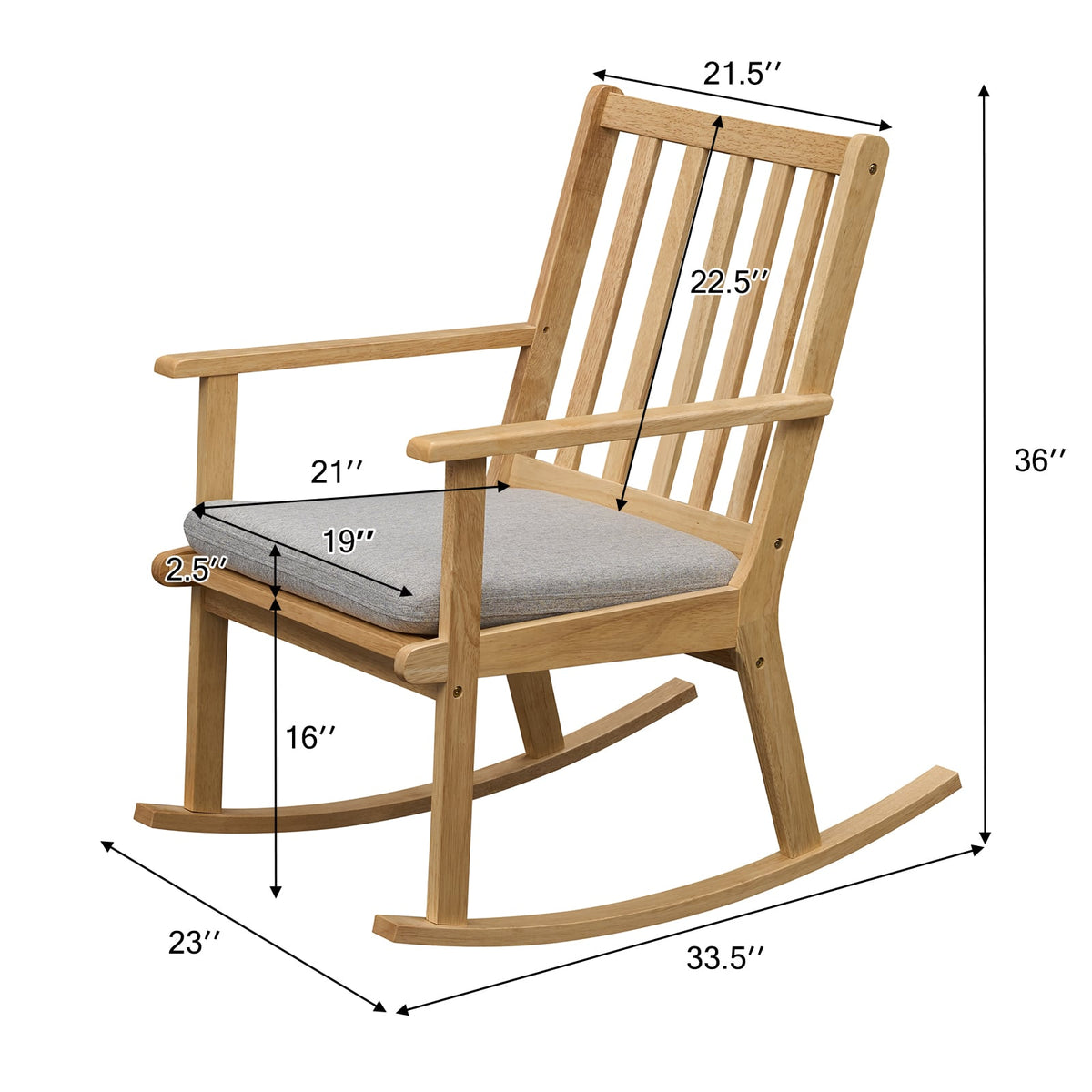 Rocking Chair with Cushion Solid Rubber Wood Rocker with Padded Seat-Natural-Accent Chairs-DECOROLALA