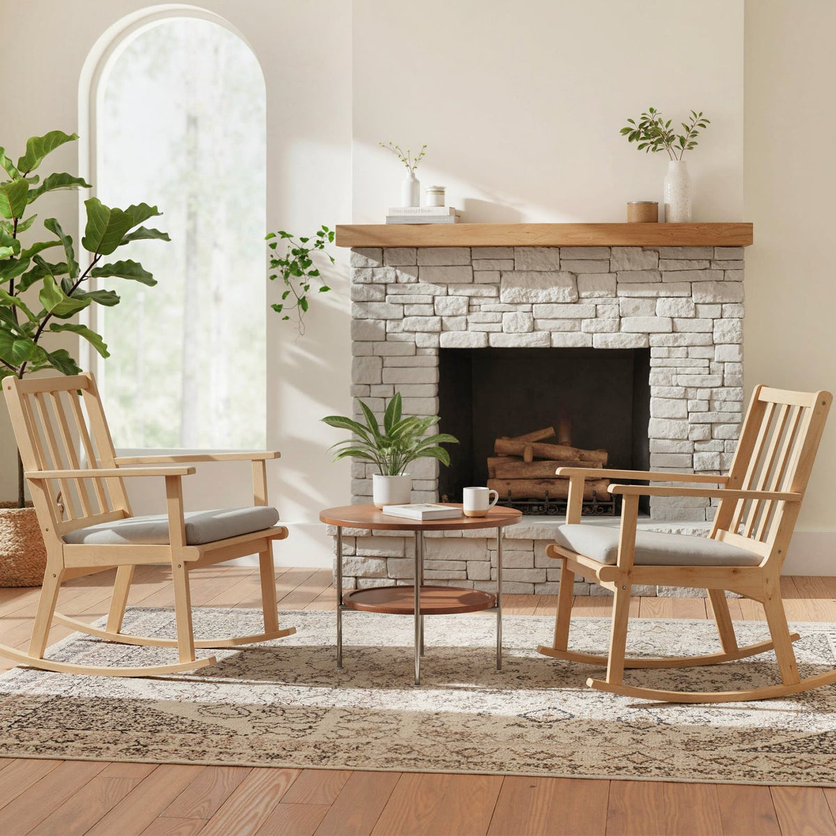 Rocking Chair with Cushion Solid Rubber Wood Rocker with Padded Seat-Natural-Accent Chairs-DECOROLALA