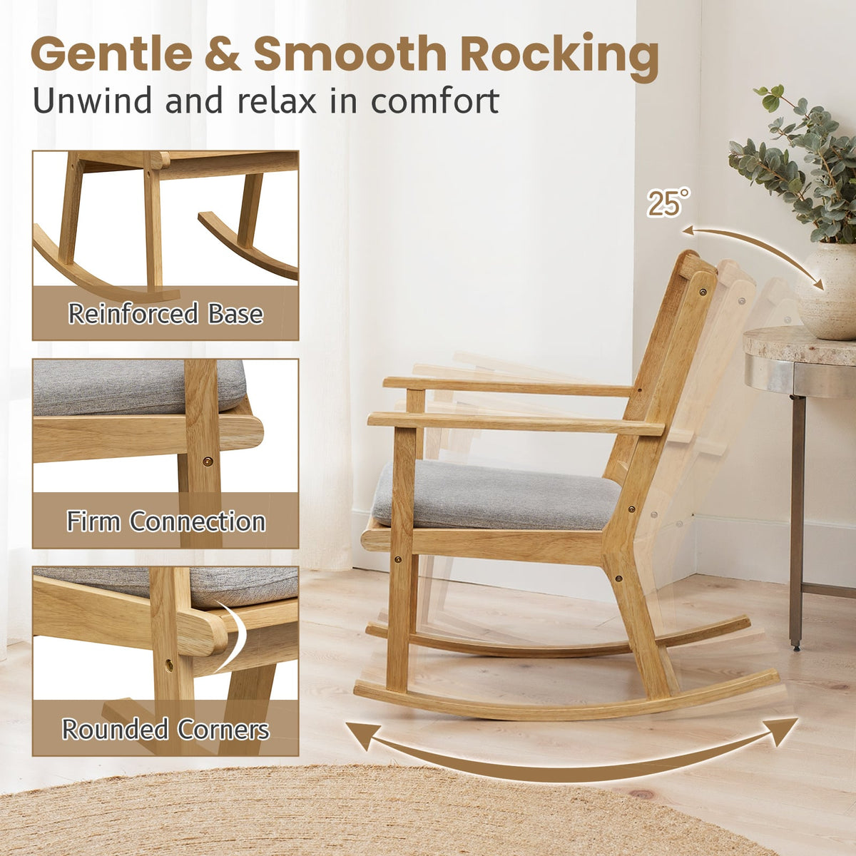 Rocking Chair with Cushion Solid Rubber Wood Rocker with Padded Seat-Natural-Accent Chairs-DECOROLALA