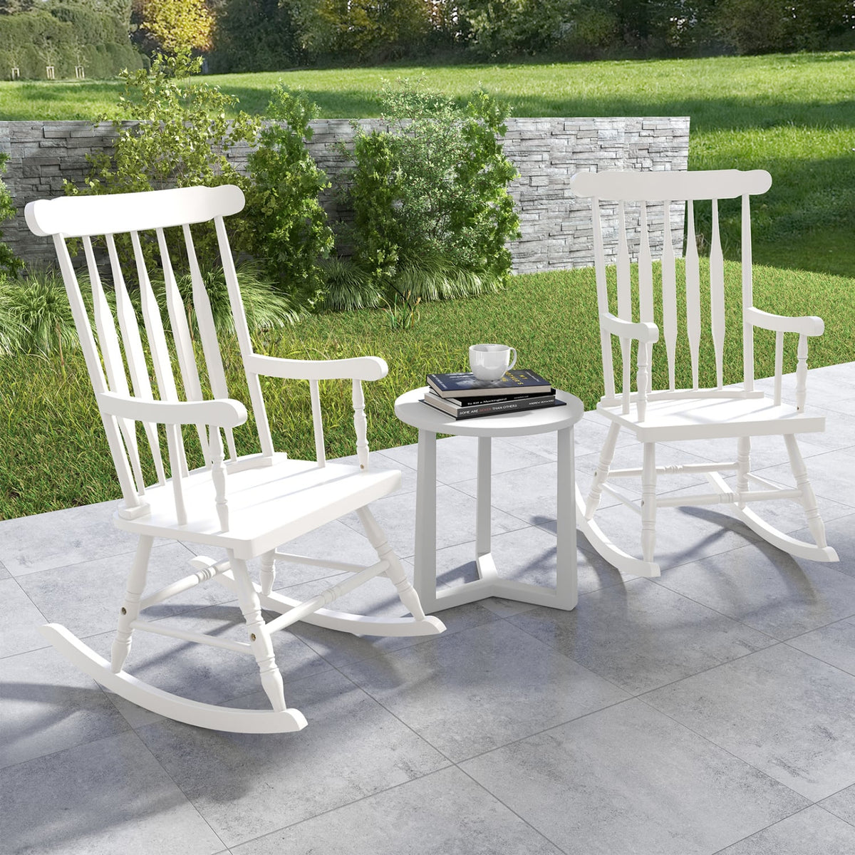 Rocking Chair with Solid Wooden Frame for Garden and Patio-White-Outdoor Rocking Chairs & Gliders-DECOROLALA