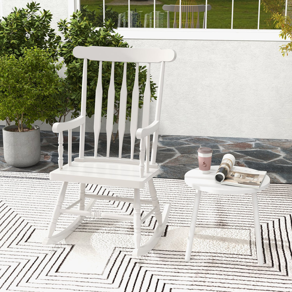 Rocking Chair with Solid Wooden Frame for Garden and Patio-White-Outdoor Rocking Chairs & Gliders-DECOROLALA
