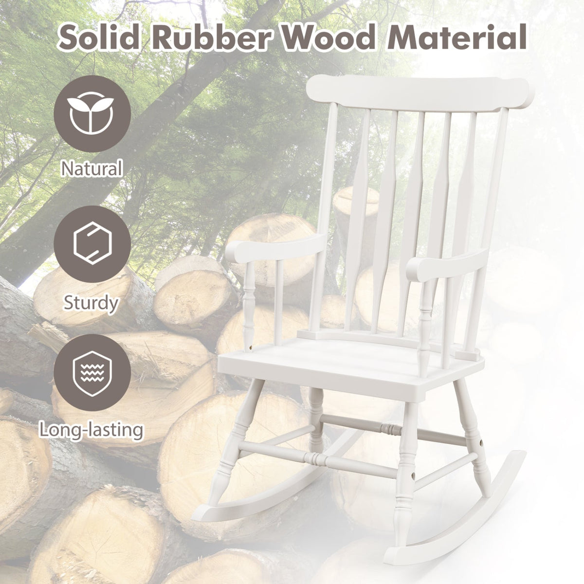 Rocking Chair with Solid Wooden Frame for Garden and Patio-White-Outdoor Rocking Chairs & Gliders-DECOROLALA