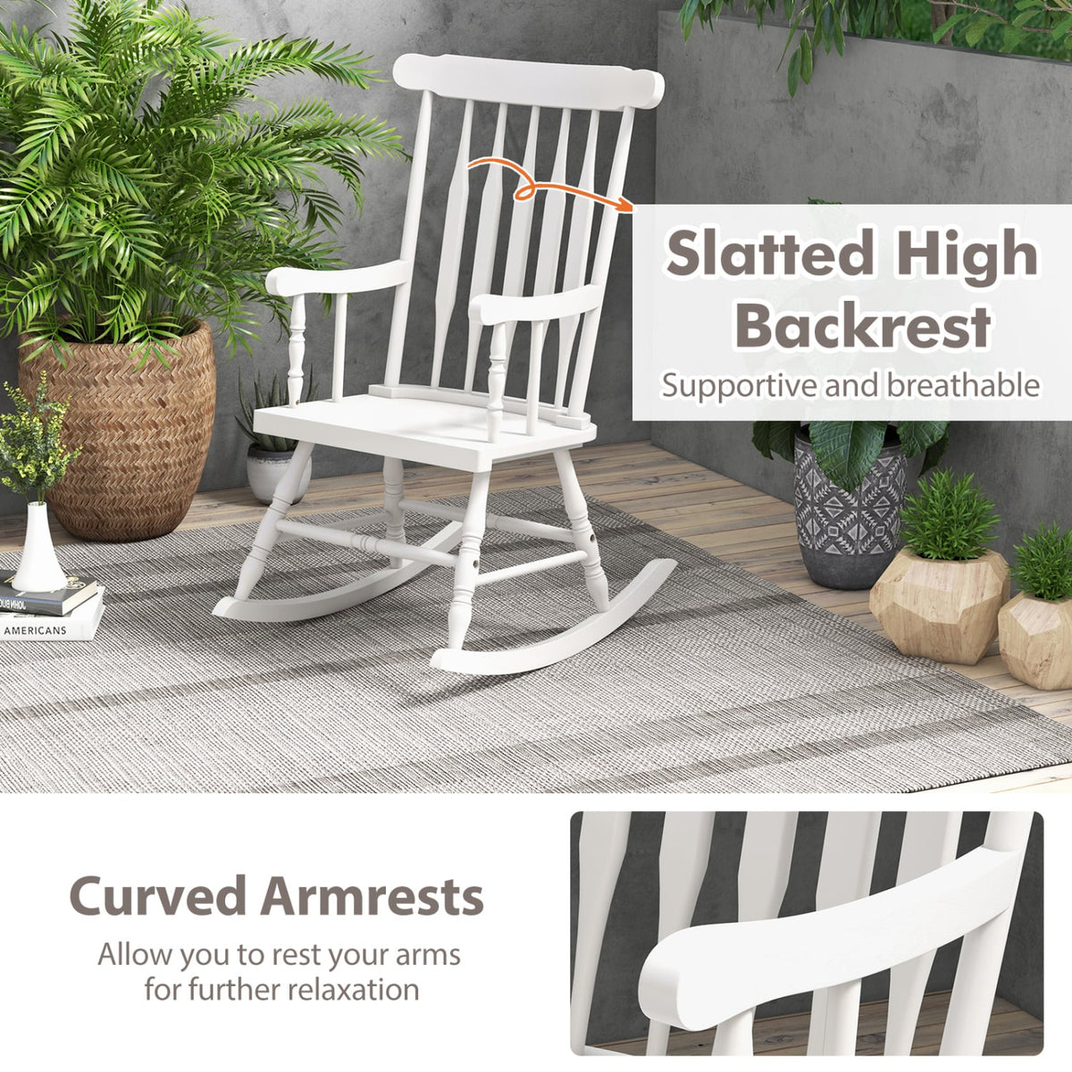 Rocking Chair with Solid Wooden Frame for Garden and Patio-White-Outdoor Rocking Chairs & Gliders-DECOROLALA