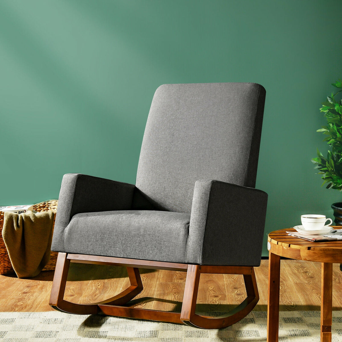 Rocking High Back Upholstered Lounge Armchair with Side Pocket-Gray-Accent Chairs-DECOROLALA