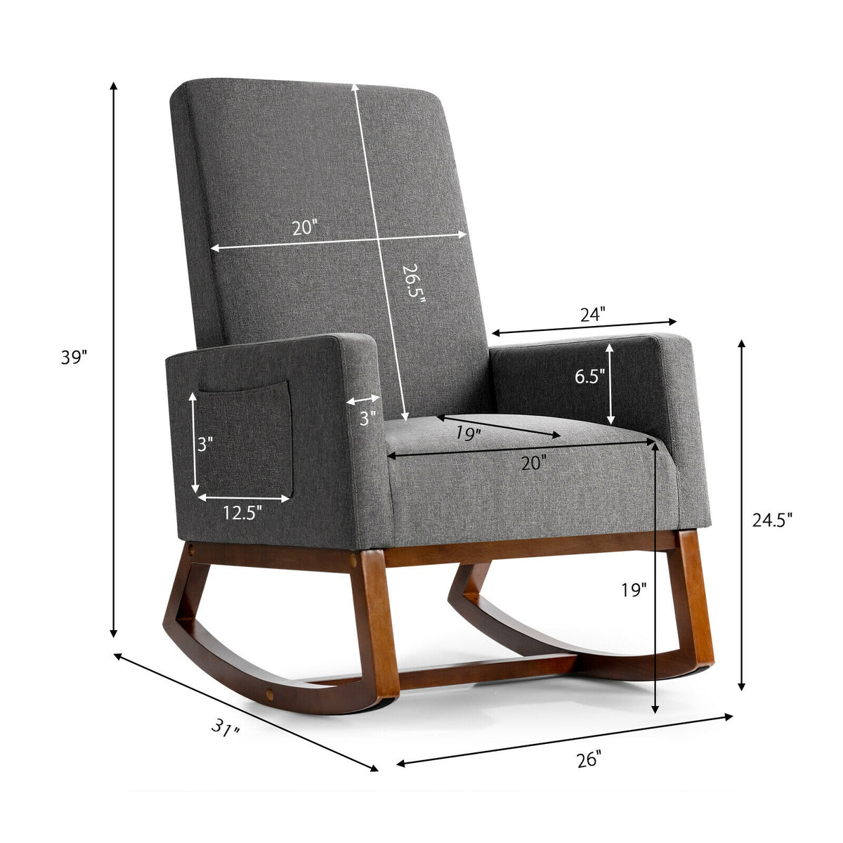 Rocking High Back Upholstered Lounge Armchair with Side Pocket-Gray-Accent Chairs-DECOROLALA