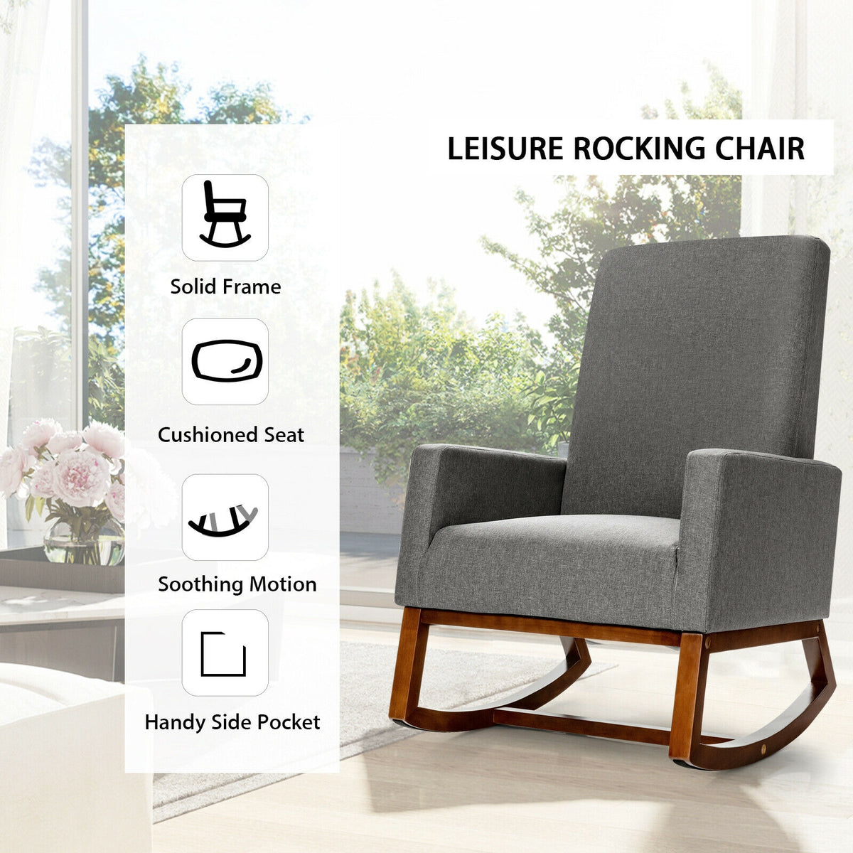 Rocking High Back Upholstered Lounge Armchair with Side Pocket-Gray-Accent Chairs-DECOROLALA