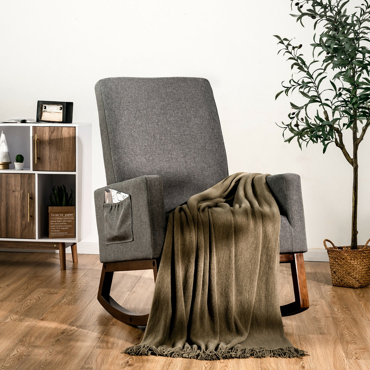 Rocking High Back Upholstered Lounge Armchair with Side Pocket-Gray-Accent Chairs-DECOROLALA