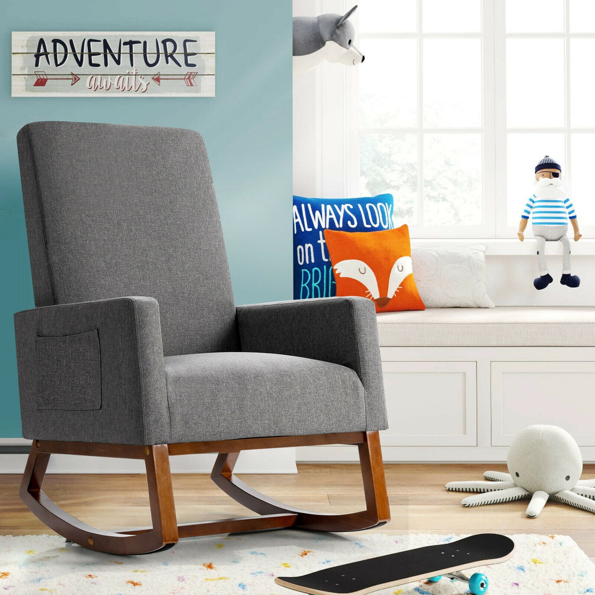 Rocking High Back Upholstered Lounge Armchair with Side Pocket-Gray-Accent Chairs-DECOROLALA