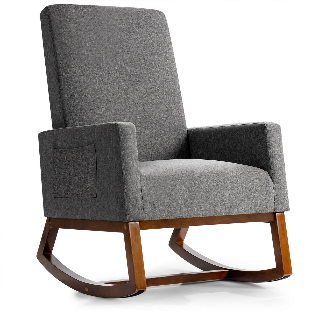 Rocking High Back Upholstered Lounge Armchair with Side Pocket-Gray-Accent Chairs-DECOROLALA