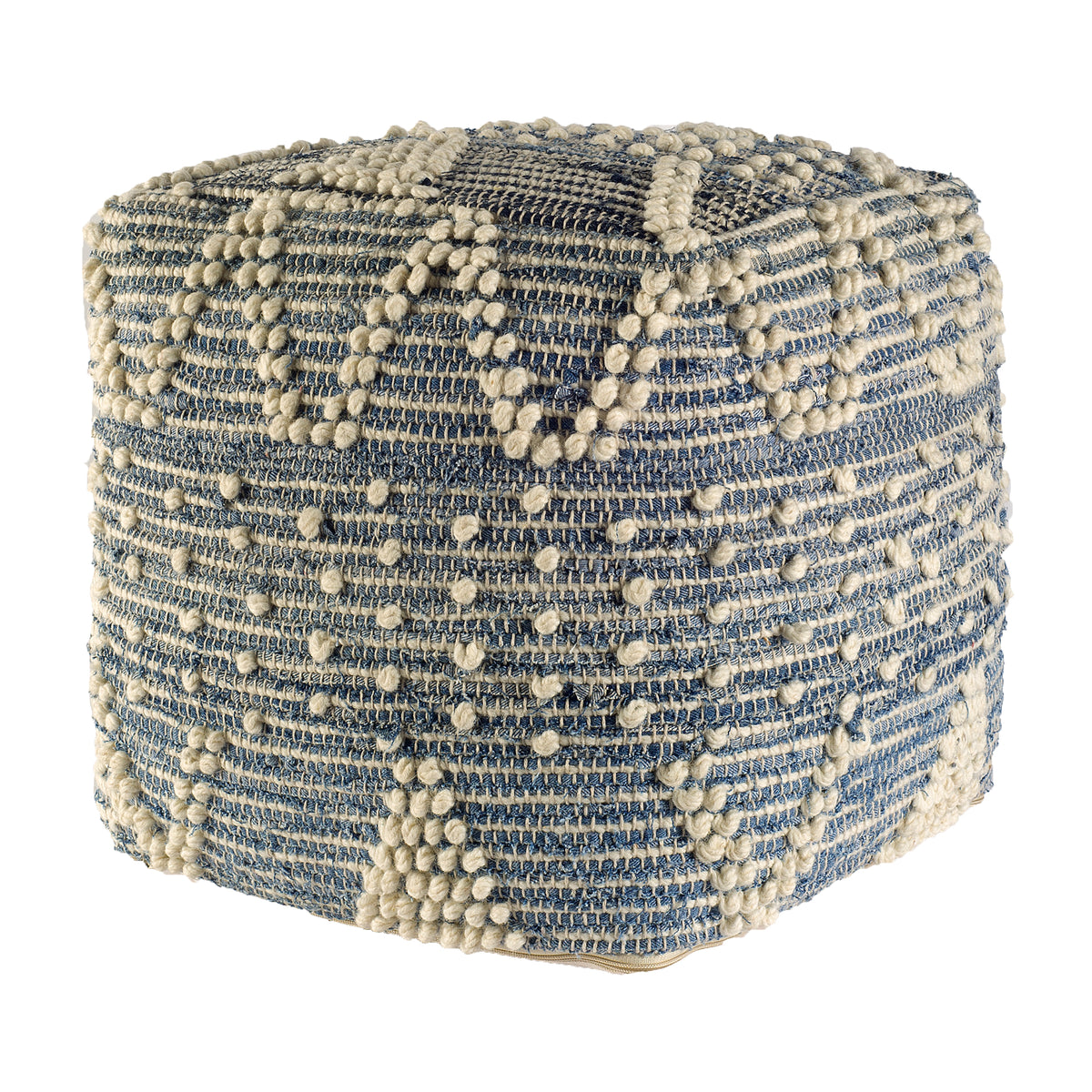 Rofi Blue Denim and Cream Cotton Stitched Square Pouf-Poufs-DECOROLALA
