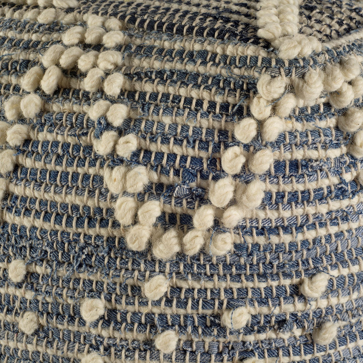Rofi Blue Denim and Cream Cotton Stitched Square Pouf-Poufs-DECOROLALA