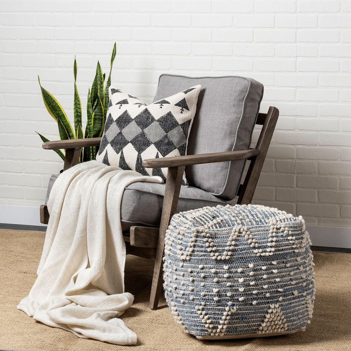 Rofi Blue Denim and Cream Cotton Stitched Square Pouf-Poufs-DECOROLALA