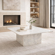 Roland White Marble Coffee Table - Square Modern Reeded Pedestal-DECOROLALA