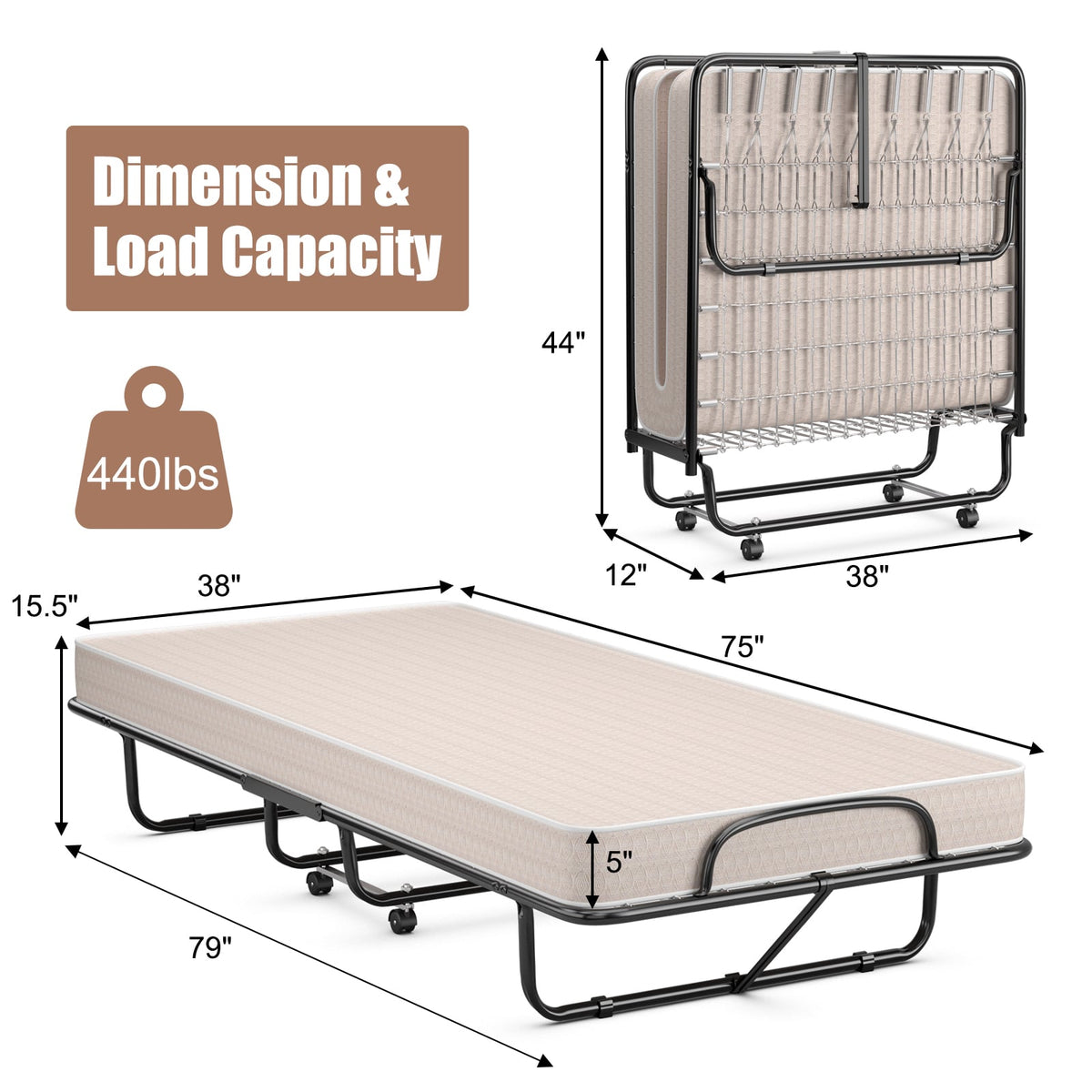 Rollaway Guest Bed with Sturdy Steel Frame and Memory Foam Mattress Made in Italy-Beige-Folding Beds-DECOROLALA