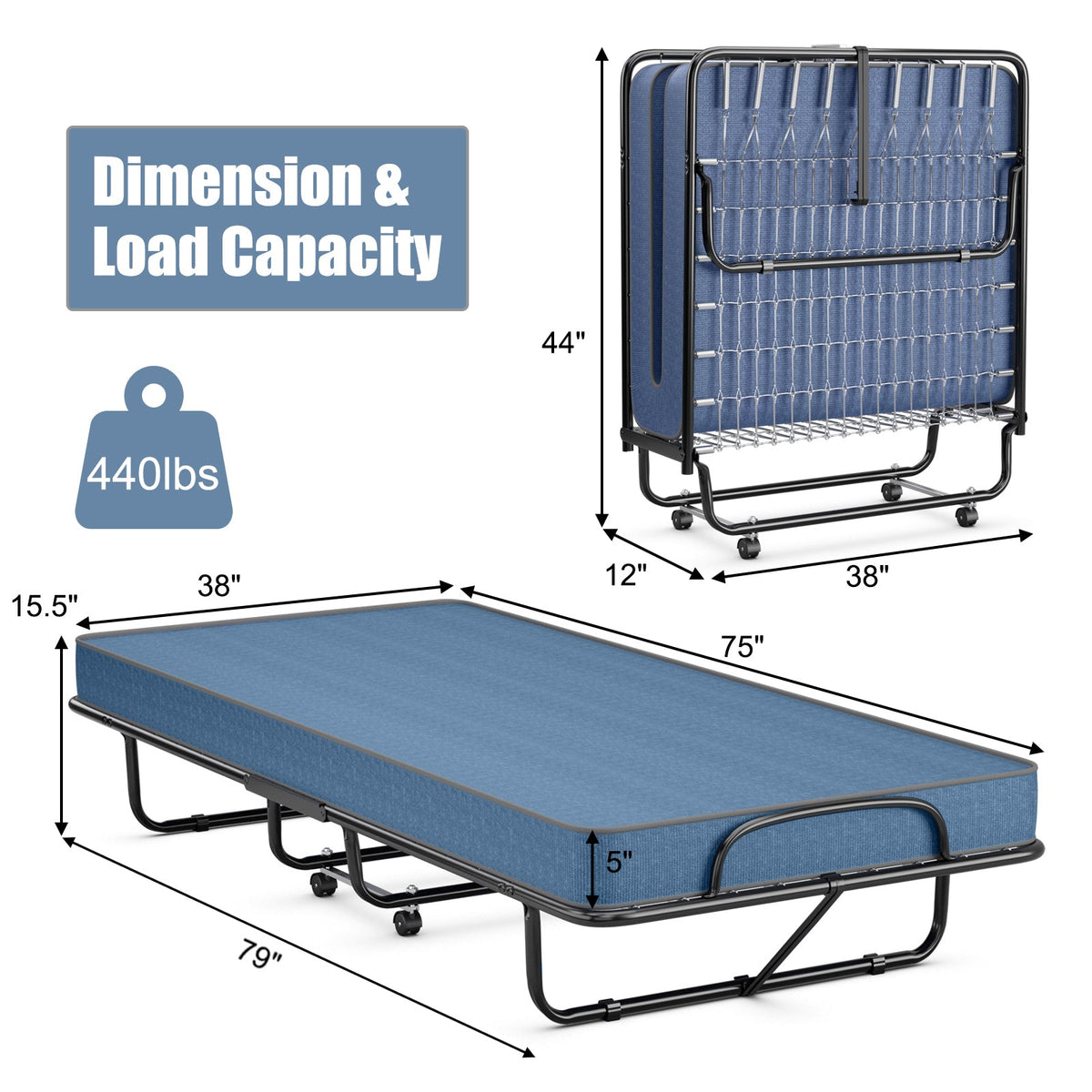 Rollaway Guest Bed with Sturdy Steel Frame and Memory Foam Mattress Made in Italy-Folding Beds-DECOROLALA