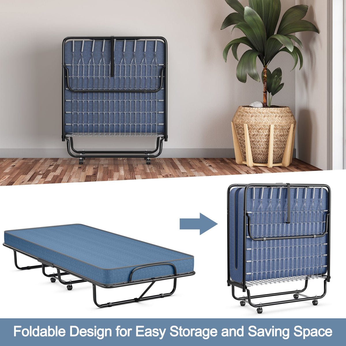 Rollaway Guest Bed with Sturdy Steel Frame and Memory Foam Mattress Made in Italy-Navy-Folding Beds-DECOROLALA