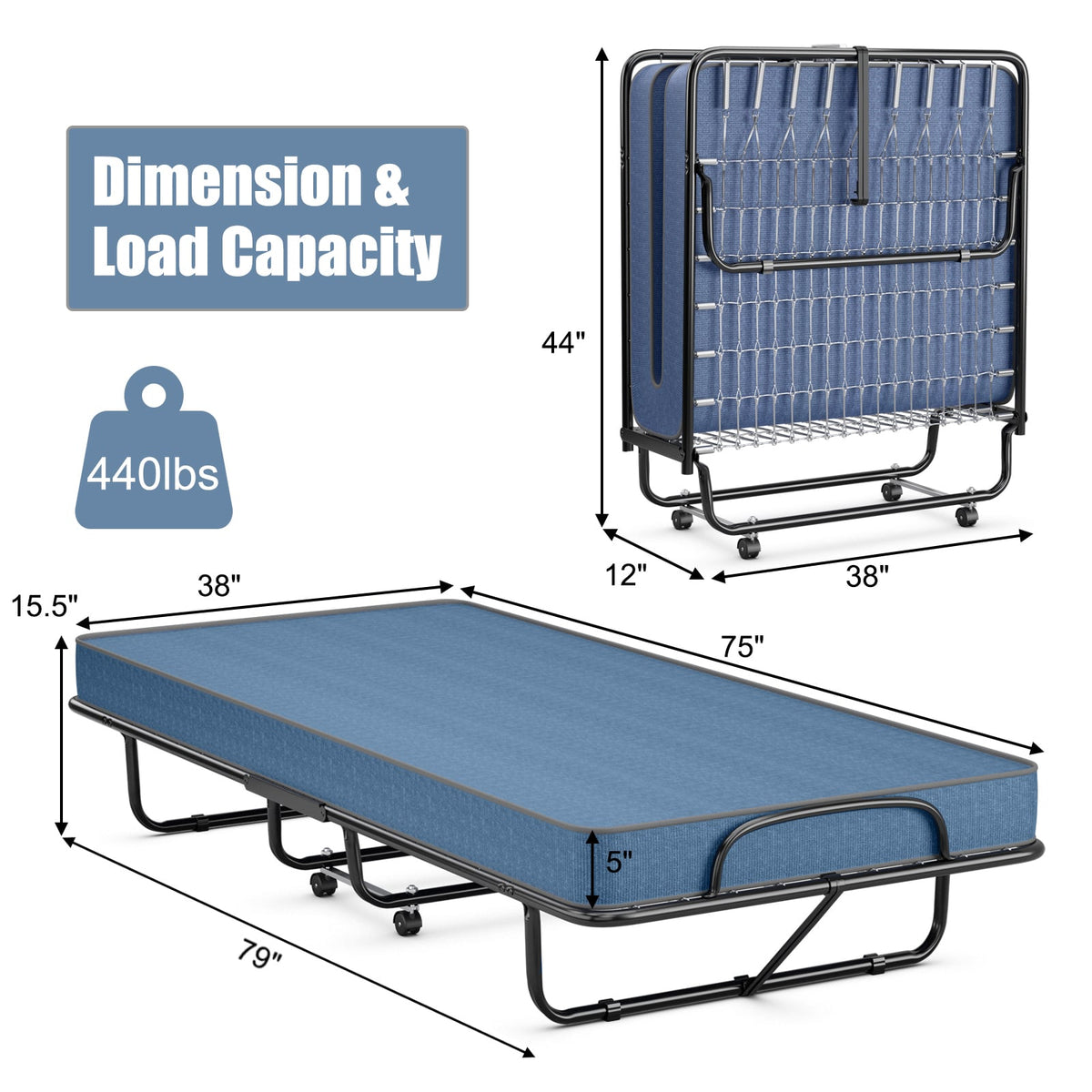 Rollaway Guest Bed with Sturdy Steel Frame and Memory Foam Mattress Made in Italy-Navy-Folding Beds-DECOROLALA