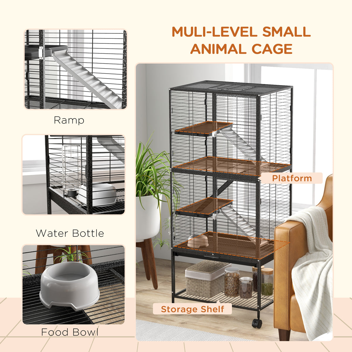 Rolling 4-Tier Small Animal Cage - 53.5" Dark Grey Steel Cage-Small Animals-DECOROLALA