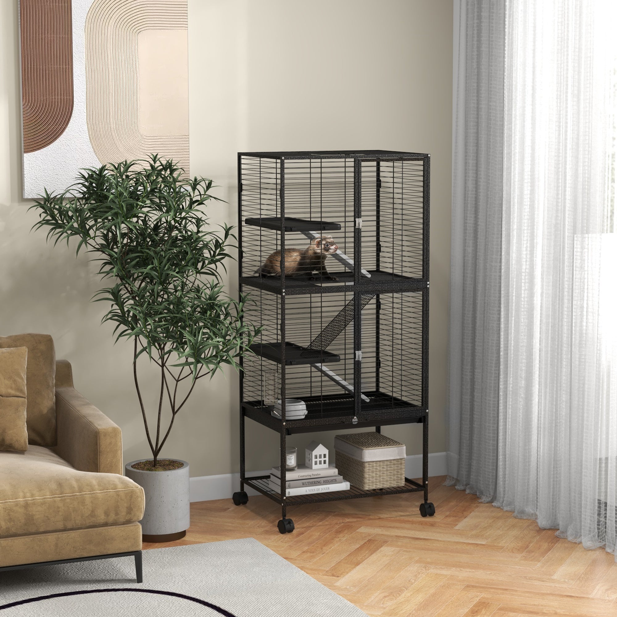 Rolling 4-Tier Small Animal Cage - 53.5" Dark Grey Steel Cage-Small Animals-DECOROLALA
