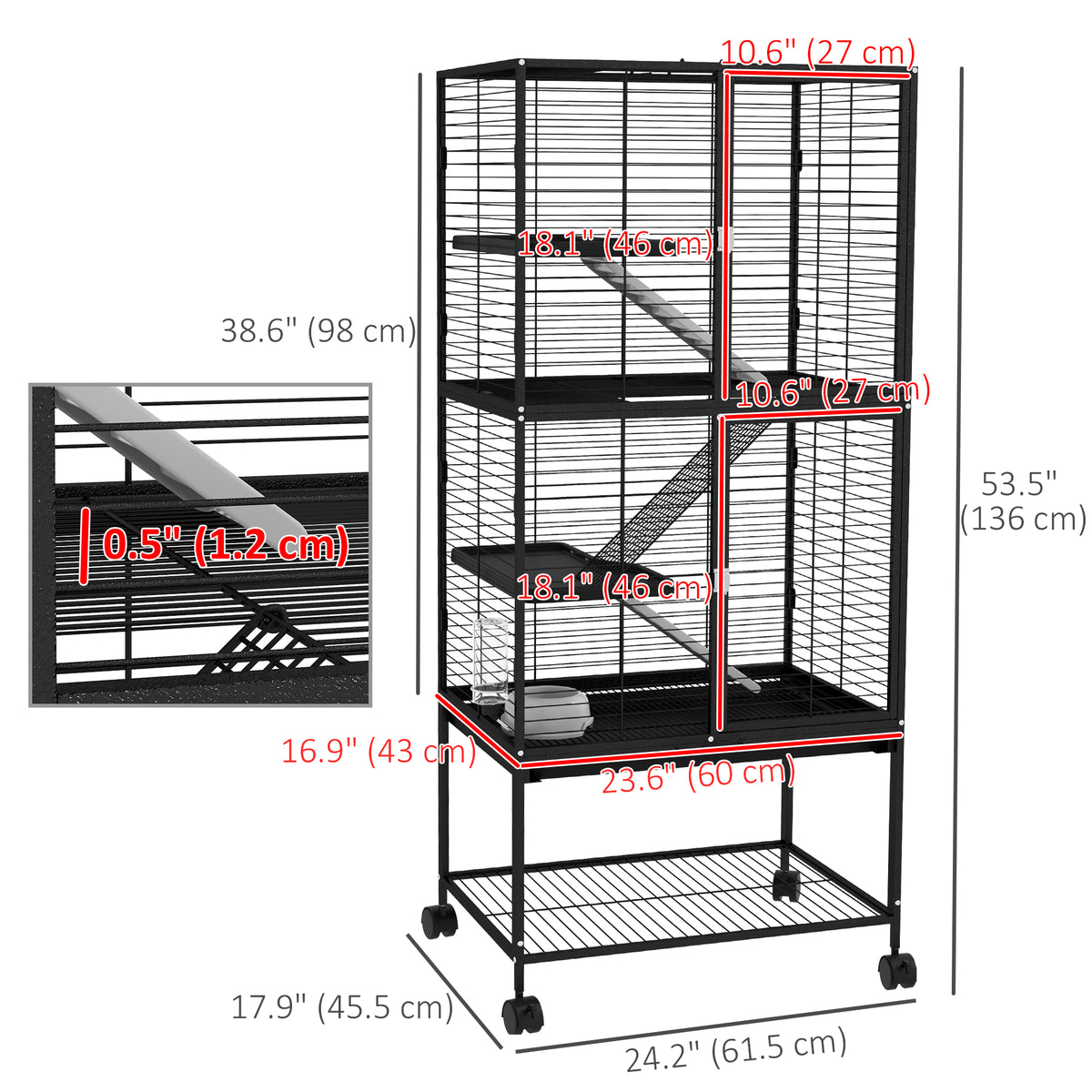 Rolling 4-Tier Small Animal Cage - 53.5" Steel Ferret Cage Black-Small Animals-DECOROLALA