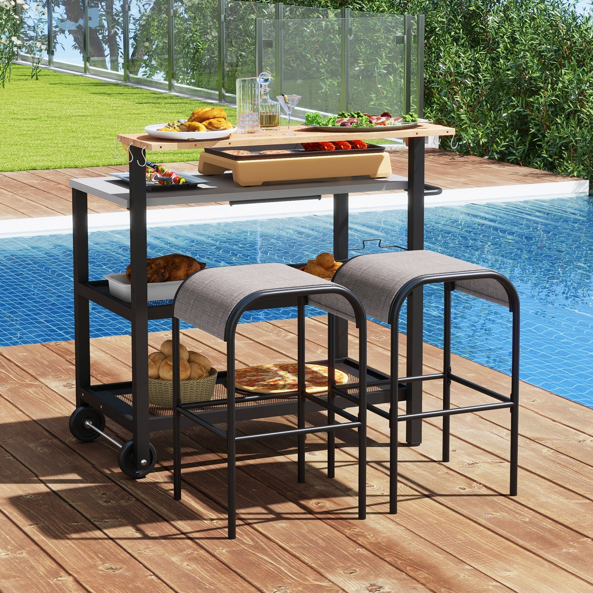 Rolling Bar Cart with Flip-up Table and Hooks for Kitchen-Outdoor Grills-DECOROLALA