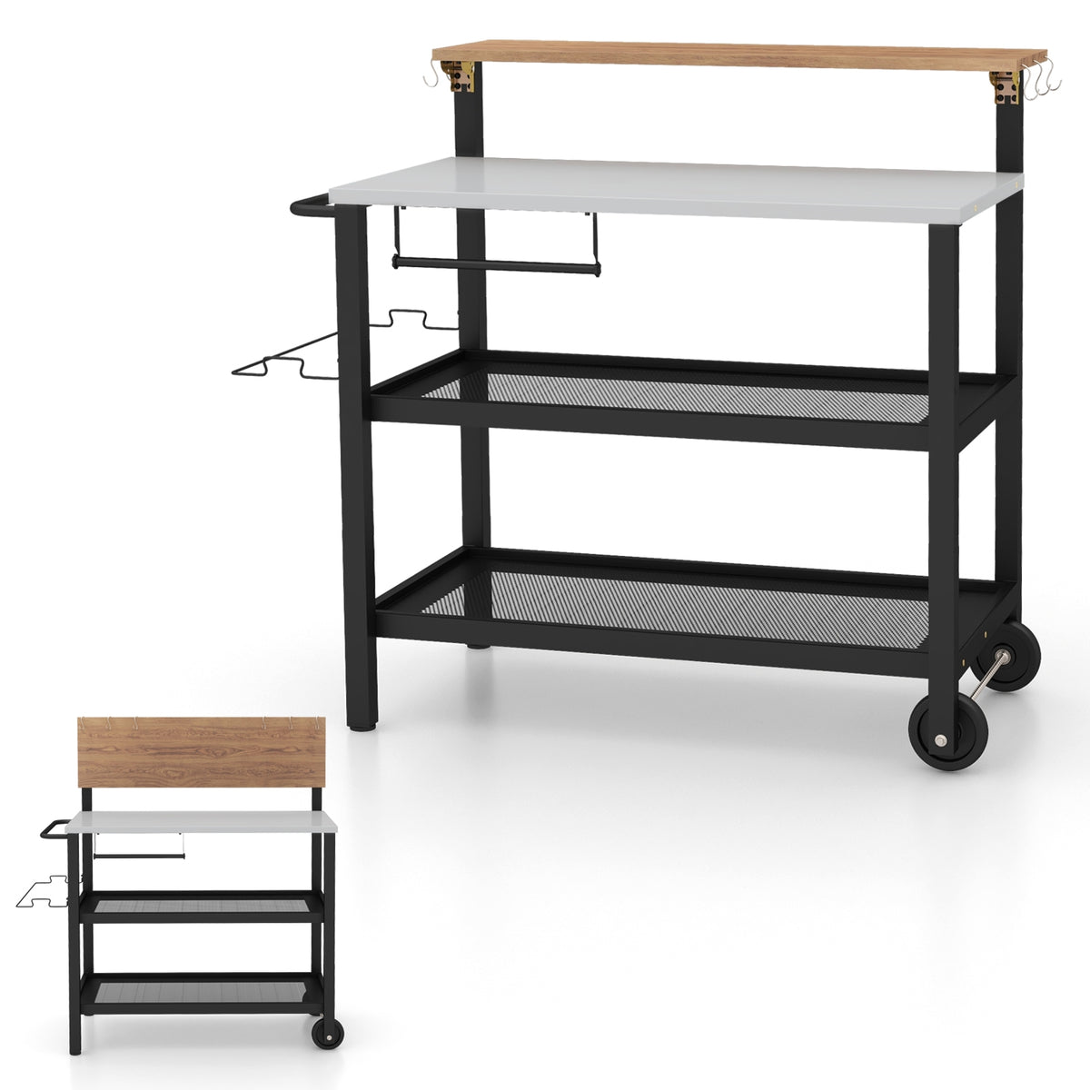 Rolling Bar Cart with Flip-up Table and Hooks for Kitchen-Outdoor Grills-DECOROLALA