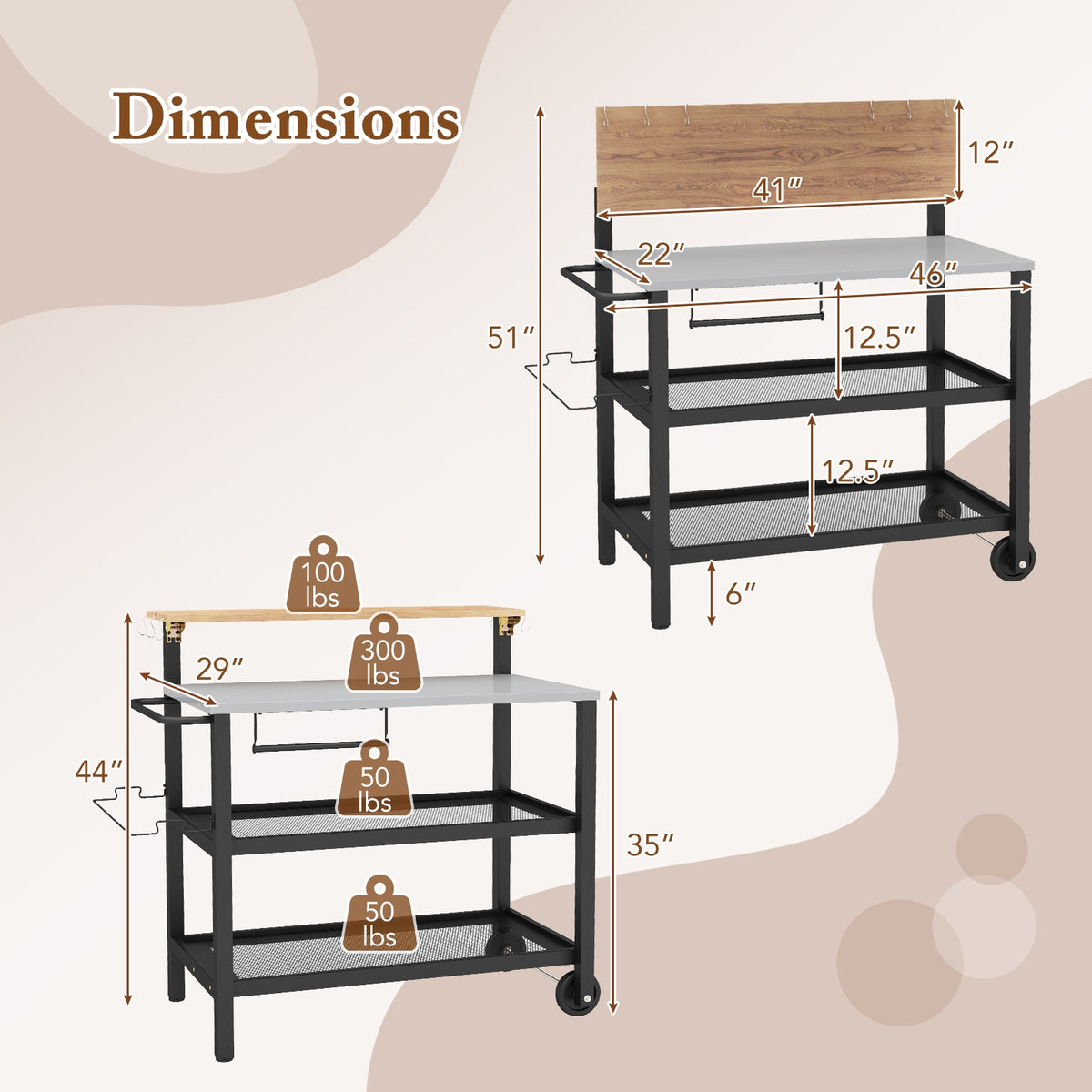 Rolling Bar Cart with Flip-up Table and Hooks for Kitchen-Outdoor Grills-DECOROLALA