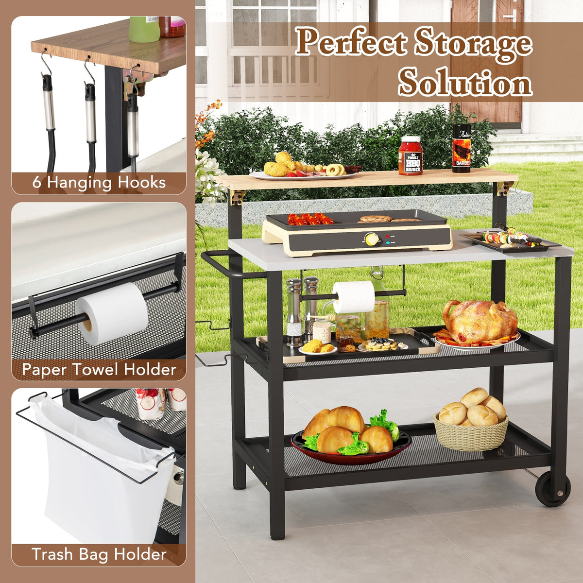 Rolling Bar Cart with Flip-up Table and Hooks for Kitchen-Outdoor Grills-DECOROLALA
