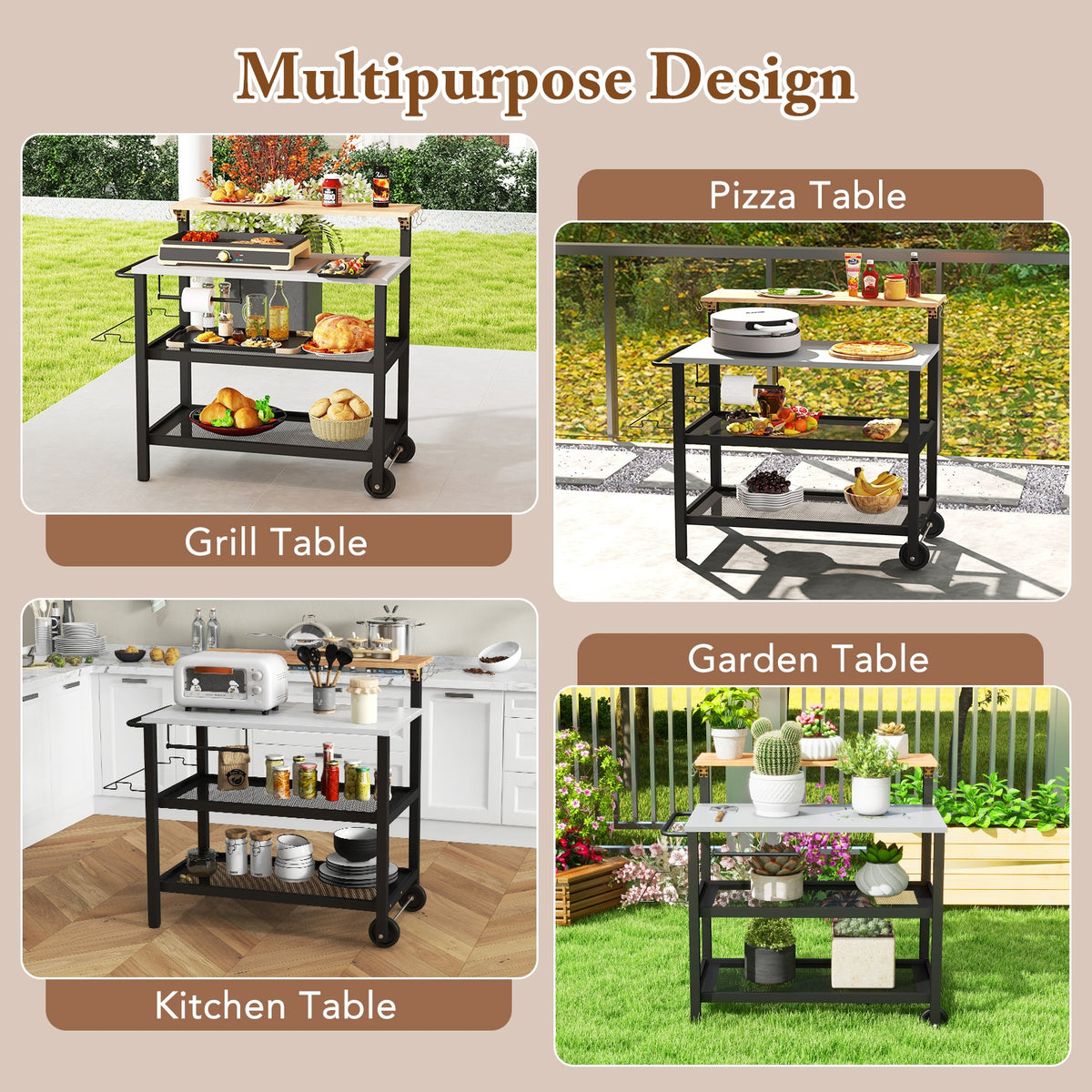 Rolling Bar Cart with Flip-up Table and Hooks for Kitchen-Outdoor Grills-DECOROLALA