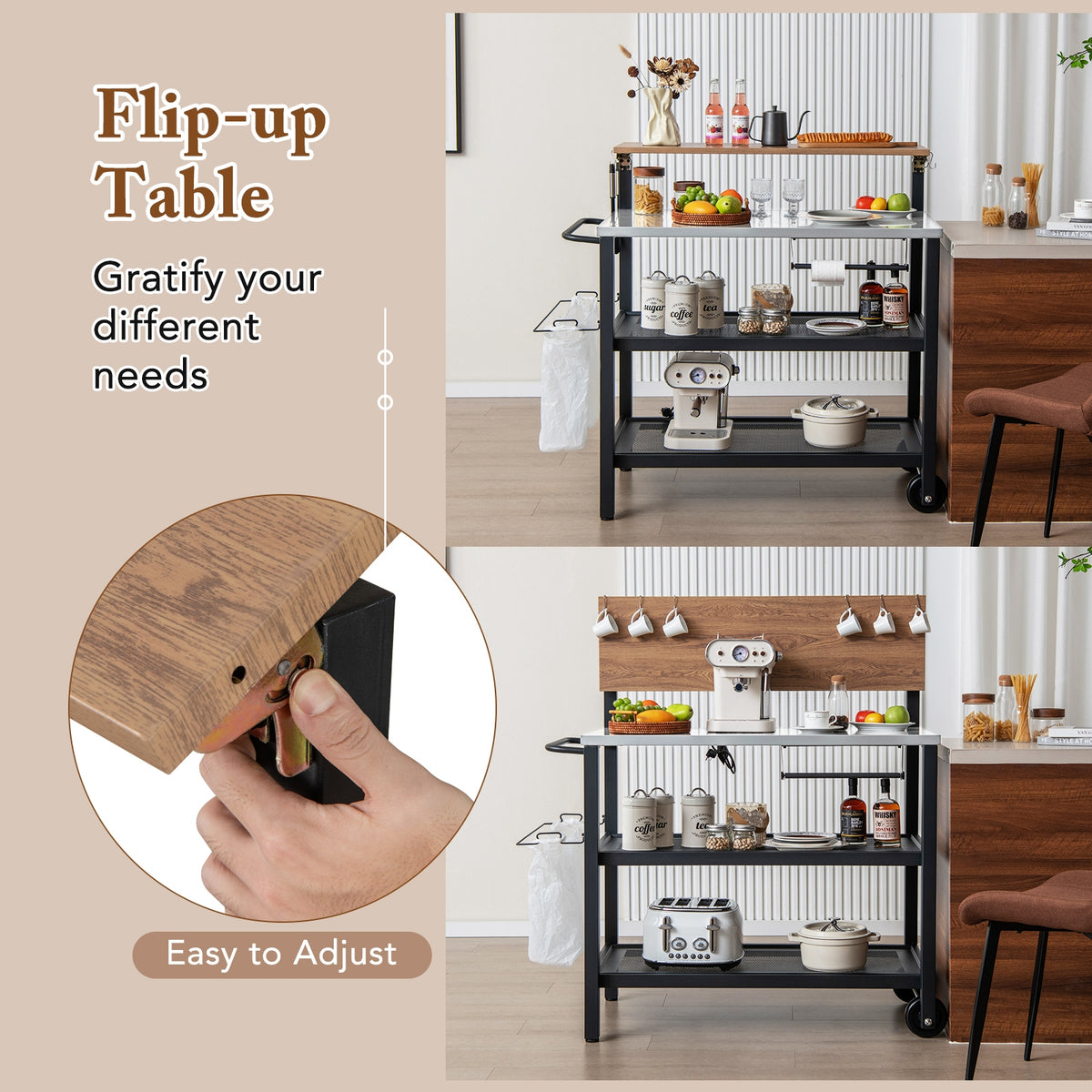 Rolling Bar Cart with Flip-up Table and Hooks for Kitchen-Outdoor Grills-DECOROLALA