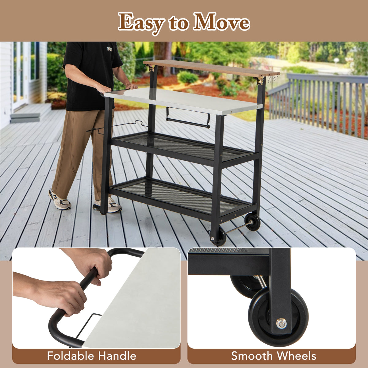 Rolling Bar Cart with Flip-up Table and Hooks for Kitchen-Outdoor Grills-DECOROLALA