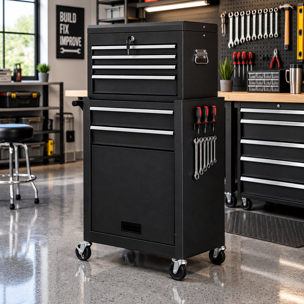 Rolling Cabinet Storage Chest Box Garage Toolbox-Black-Garages-DECOROLALA